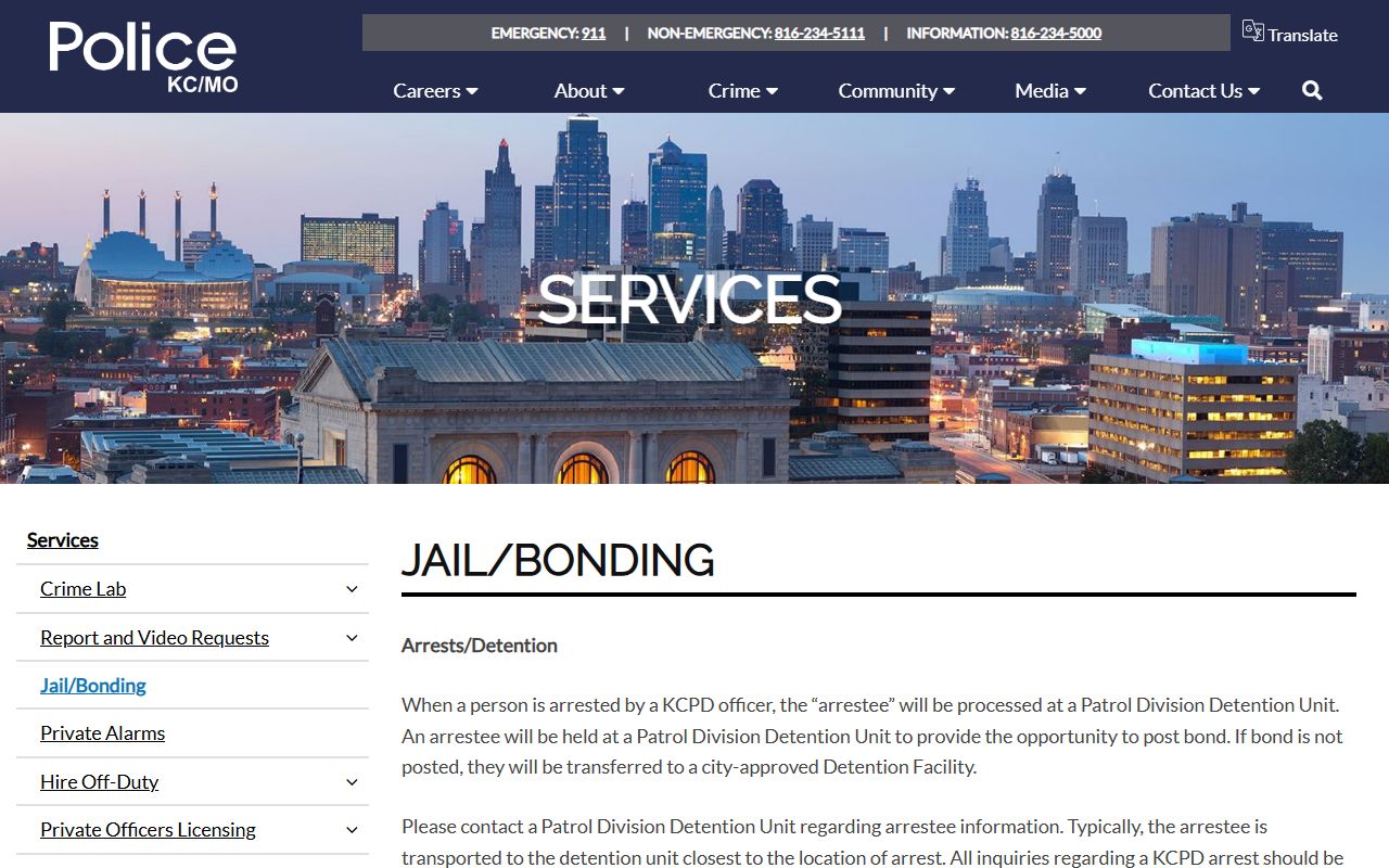 KCPD jail bonding information page for Kansas City jail mugshots