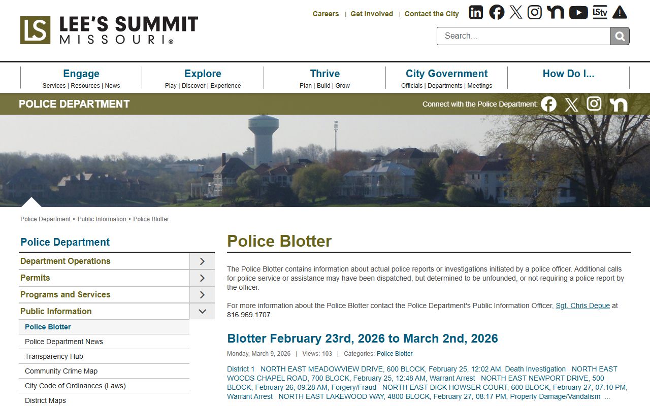 Lee's Summit Police Department blotter page for jail mugshot and arrest information