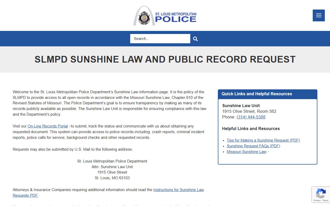 SLMPD Sunshine Law records request portal for St. Louis jail mugshots