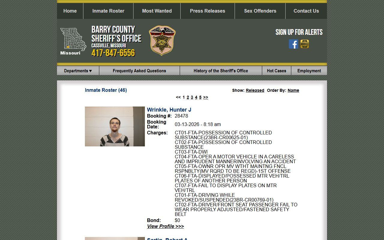 Barry County Sheriff inmate roster showing jail mugshots in Cassville Missouri