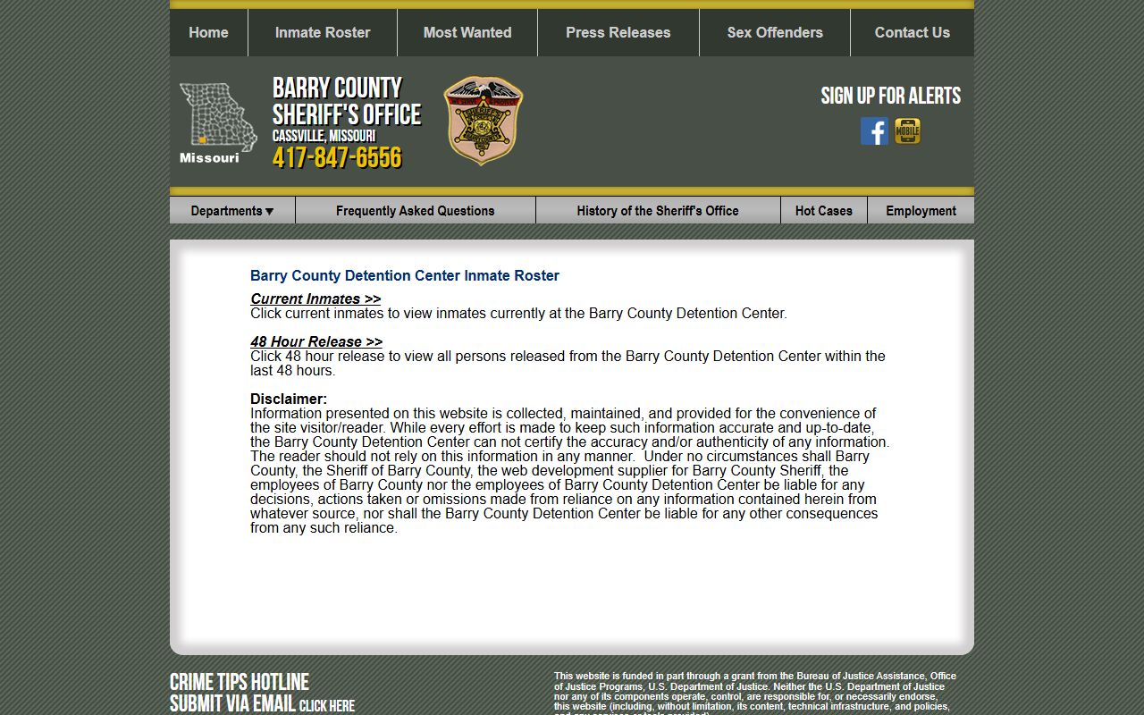 Barry County jail roster selection page for mugshot searches in Missouri