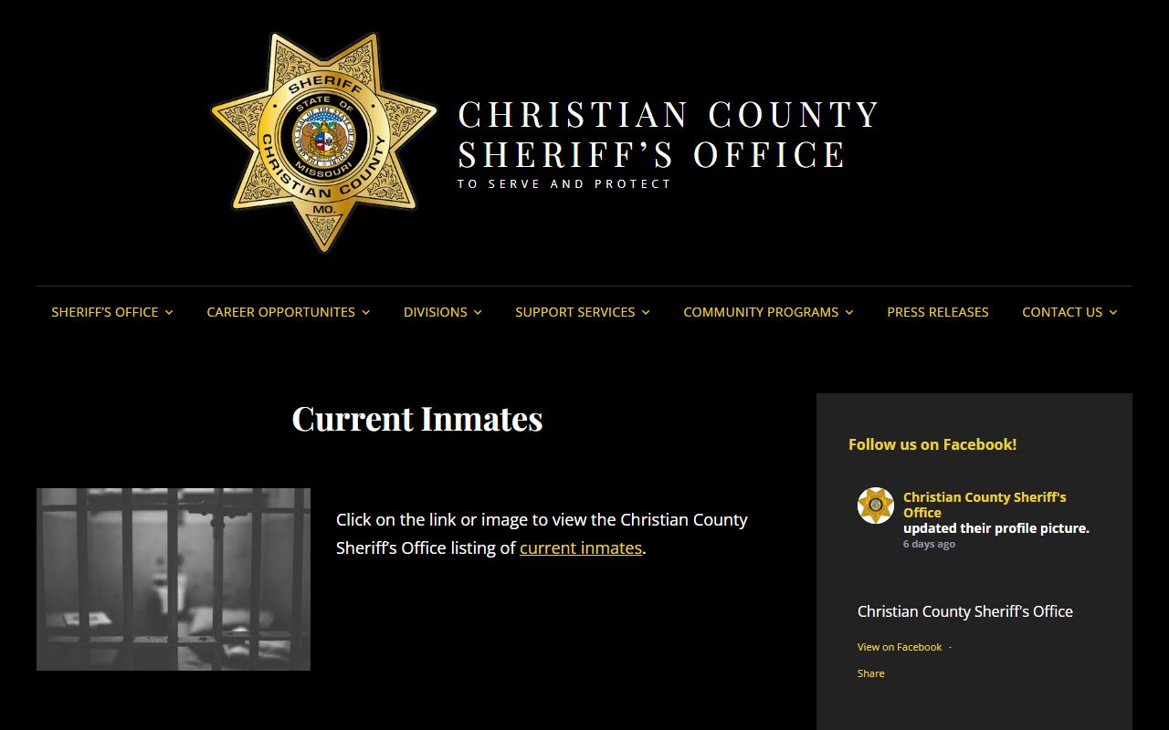 Christian County Sheriff current inmates page for jail mugshot searches