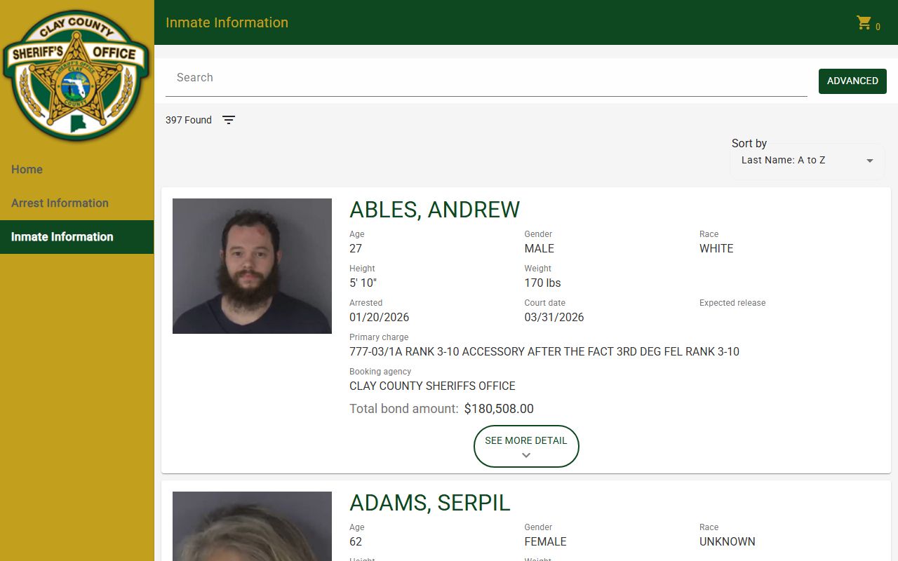 Clay County Sheriff inmate catalog for jail mugshot searches
