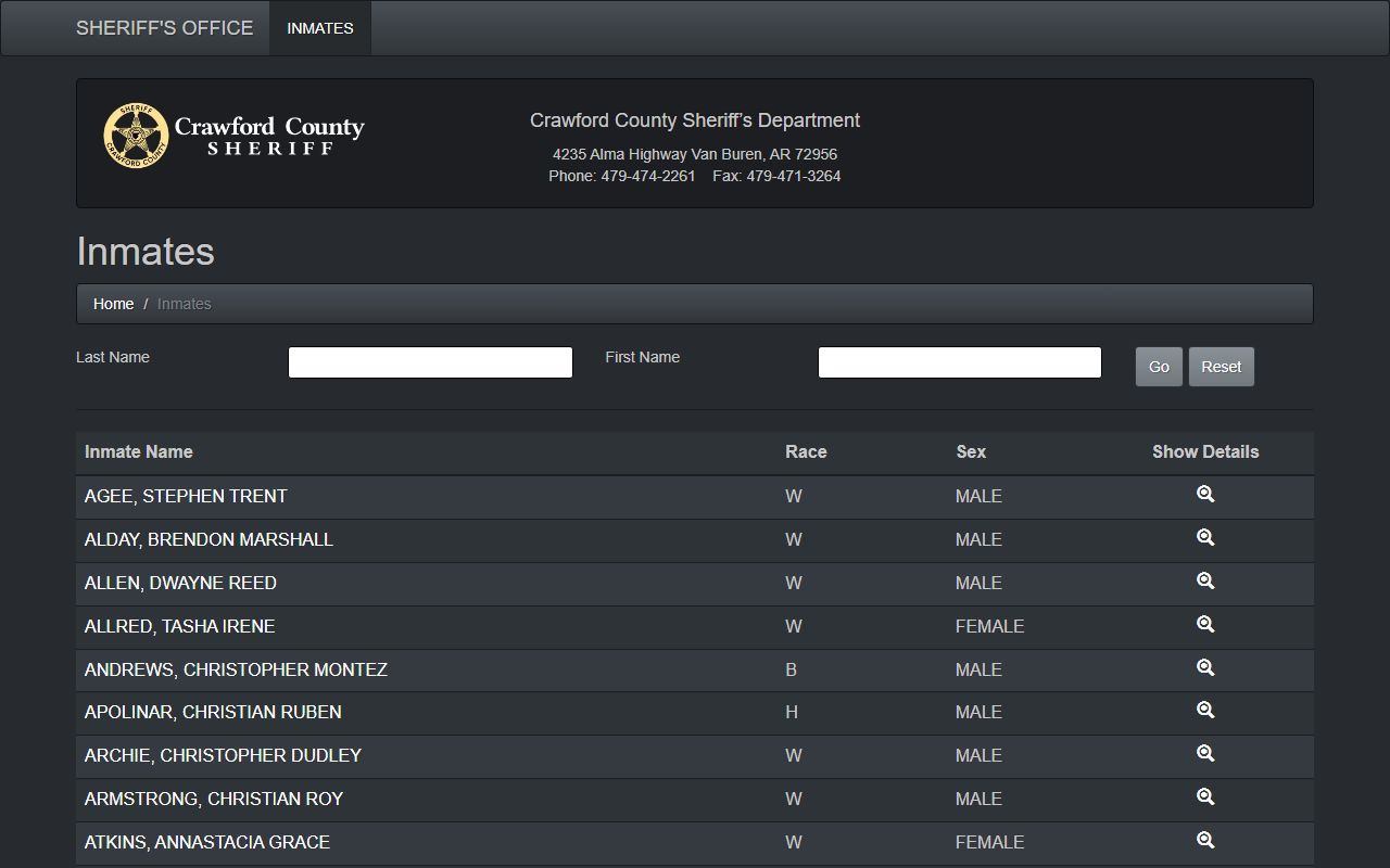 Crawford County inmate roster showing jail mugshots and booking records
