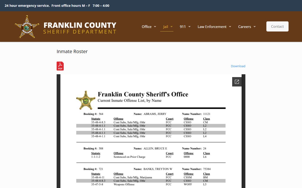 Franklin County Sheriff inmate roster showing jail mugshots and booking records