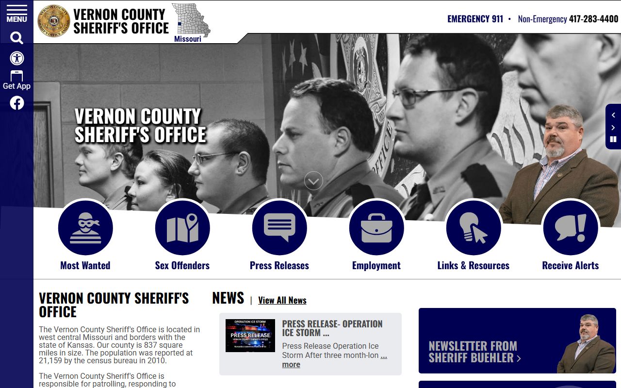 Vernon County Sheriff's Office website showing jail mugshots and inmate roster in Nevada Missouri