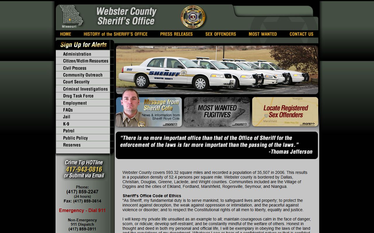 Webster County Sheriff's Office website for jail mugshot searches in Marshfield Missouri