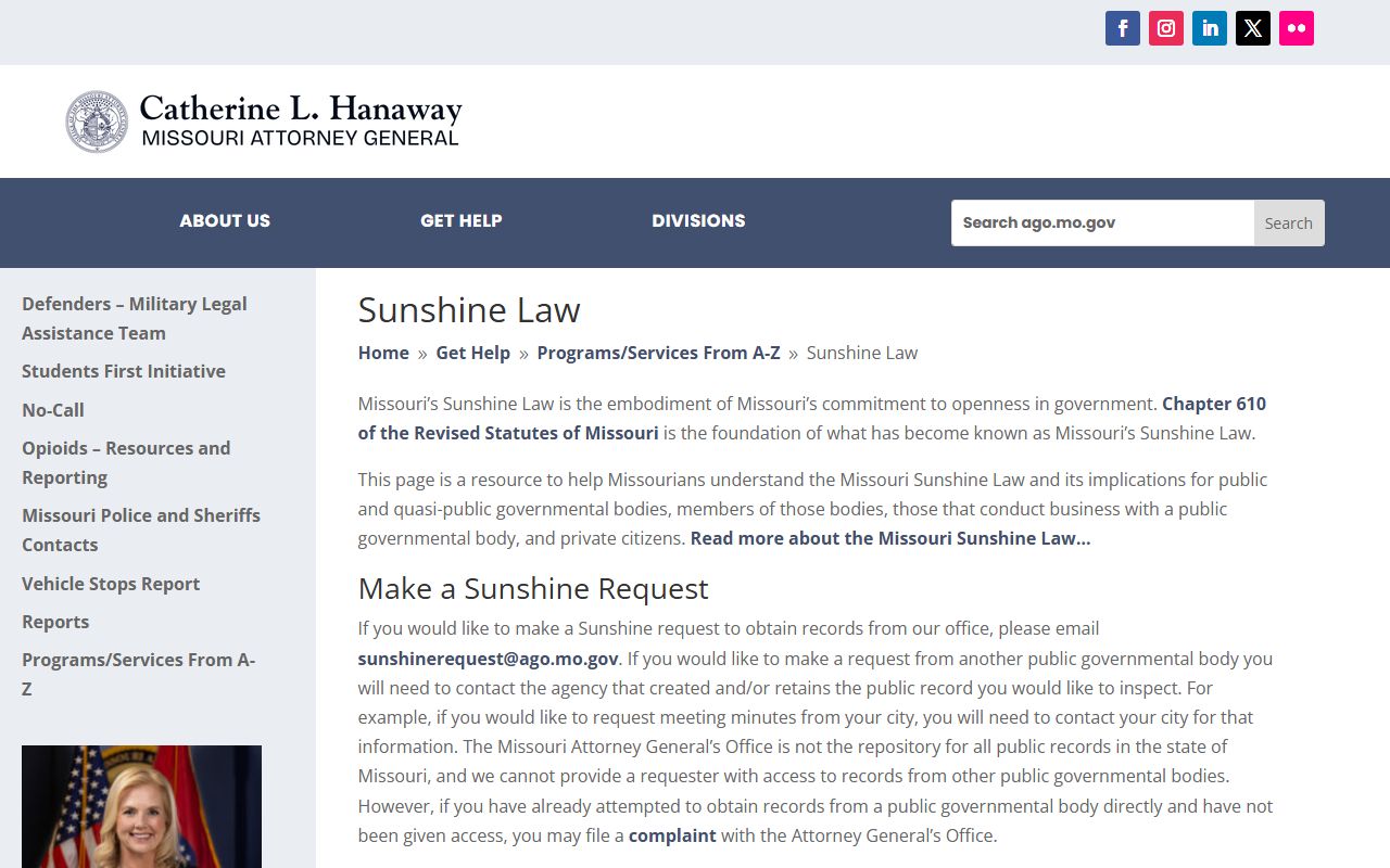 Missouri Attorney General Sunshine Law resources for jail mugshot requests