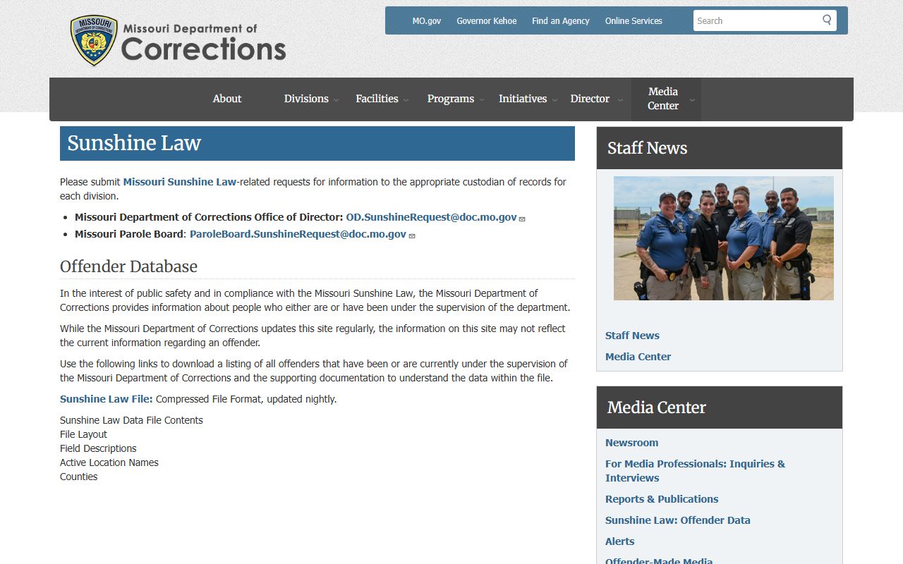 Missouri DOC Sunshine Law data file for jail mugshot records