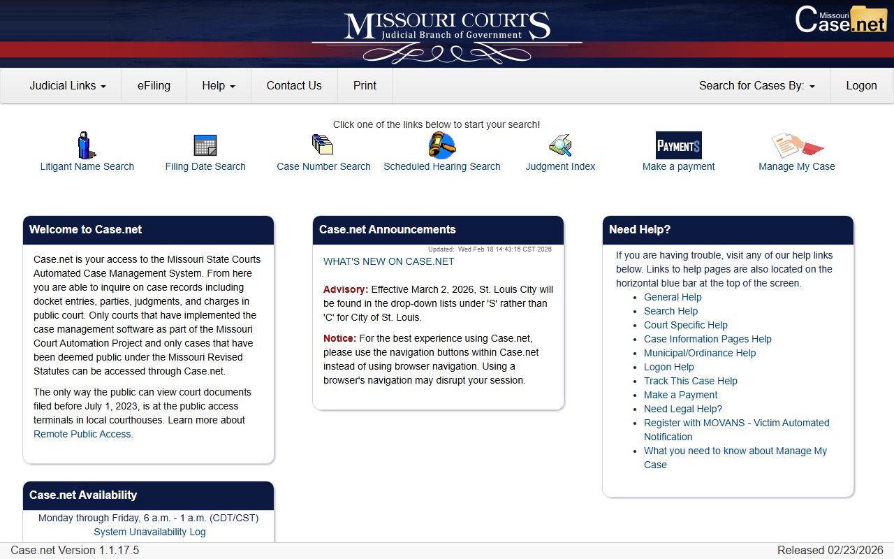 Missouri Case.net court records system for jail mugshot case lookups