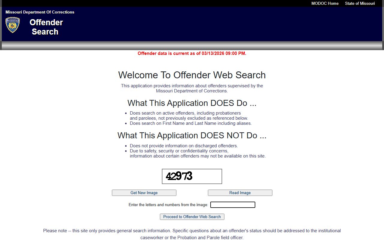 Missouri MODOC Offender Search portal for finding jail mugshots