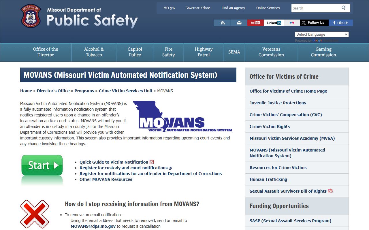 Missouri MOVANS notification system for jail mugshot status alerts